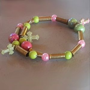 Brass 22 bullet casings Pink mint green beads cross charm wire wrap bracelet NWT